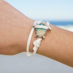White Rope Teal Turquoise Sand Sea Turtle Bracelet